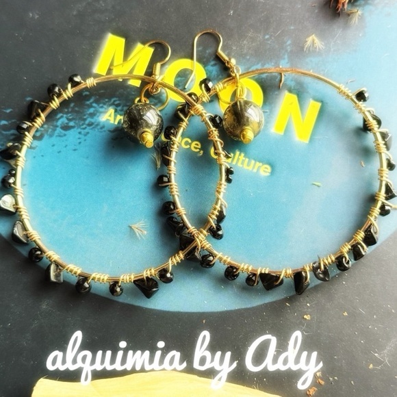 14k Black Onyx Long Huggie Hoop Drop Earring – Jewelmak Monumental + Gold and Black Hoop Earrings + ONYX & TOURMALINE